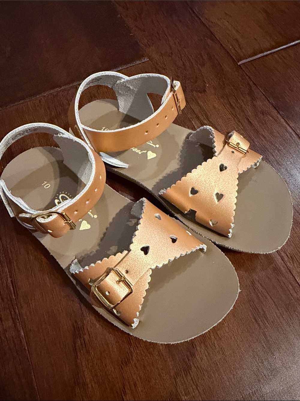Girls Metallic Rose Gold Heart Strap Sandals with Buckle Accent